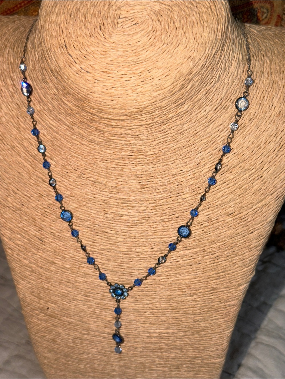 Crystal necklace blue ice cobalt floral center sterling silver oxidized - Picture 11 of 11